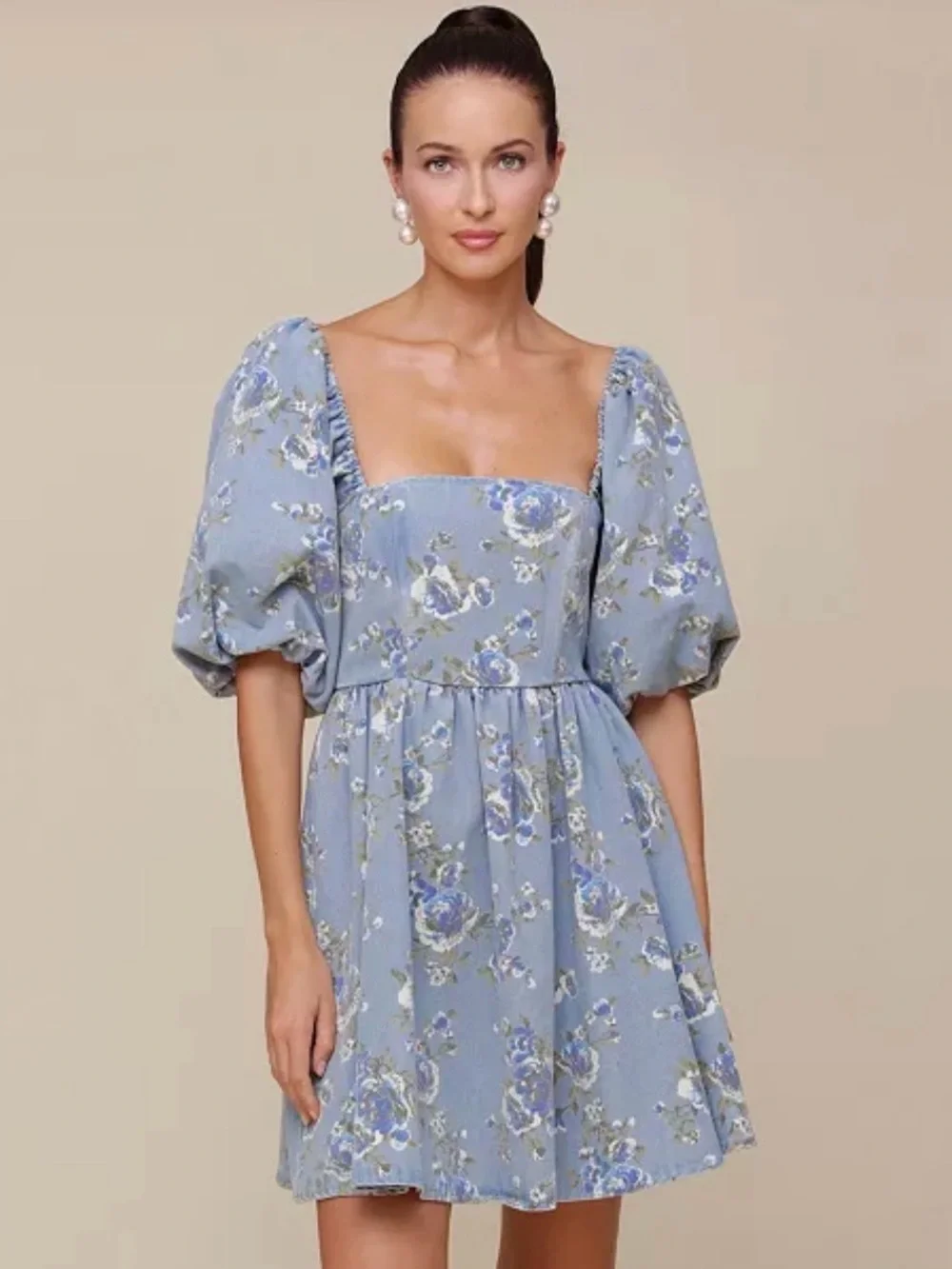 AVEC LES FILLES Square-Neck Puff-Sleeve Floral Mini Dress